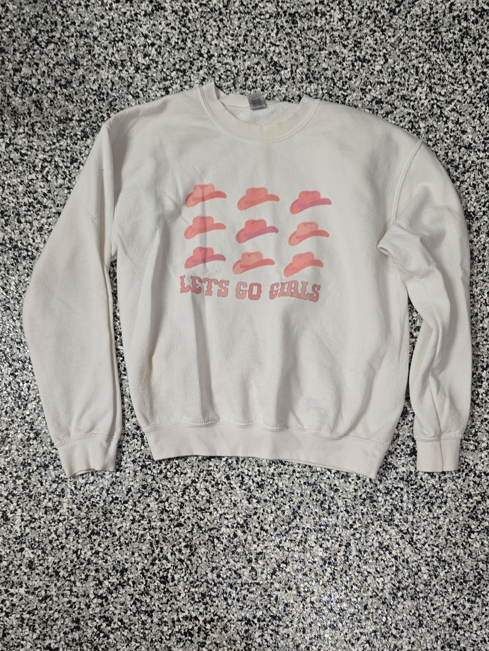 Gildan White Crewneck Sweatshirt with Pink Hat Graphic